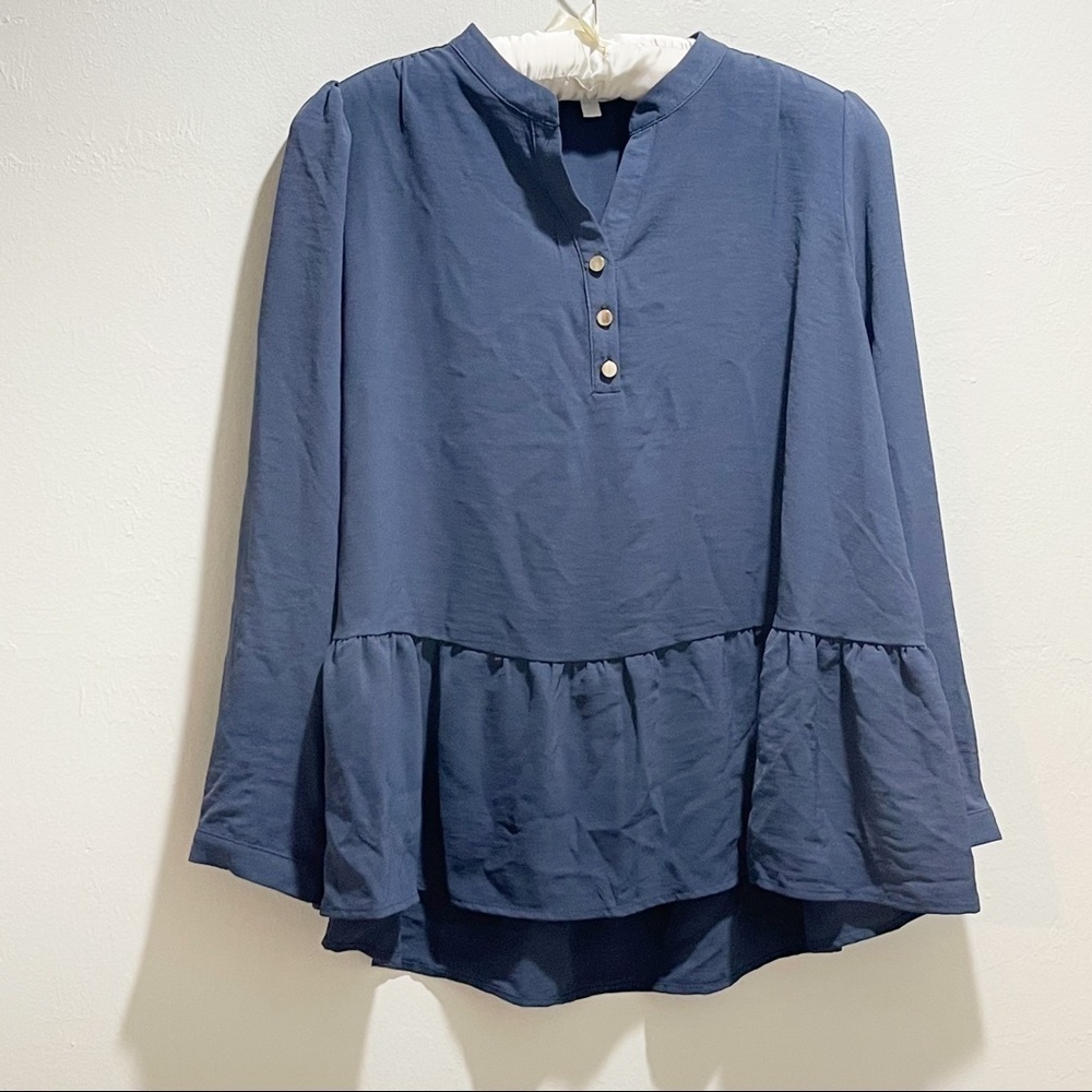ADYSON PARKER Women’s Navy Blue Peplum Hem Popover Blouse Long Sleeve Size L